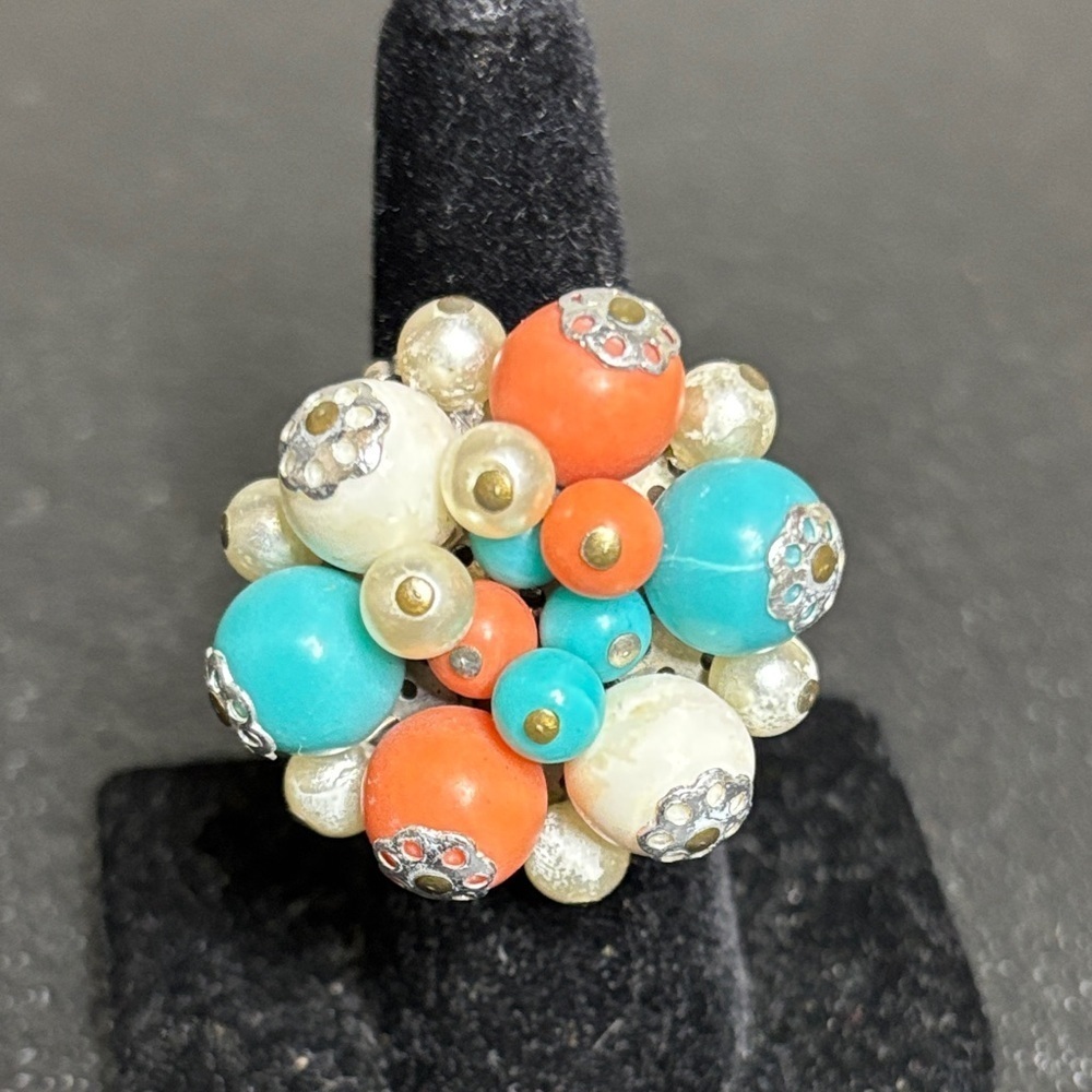 Chacha Blue Coral Silver Tone Adjustable Vintage Ring